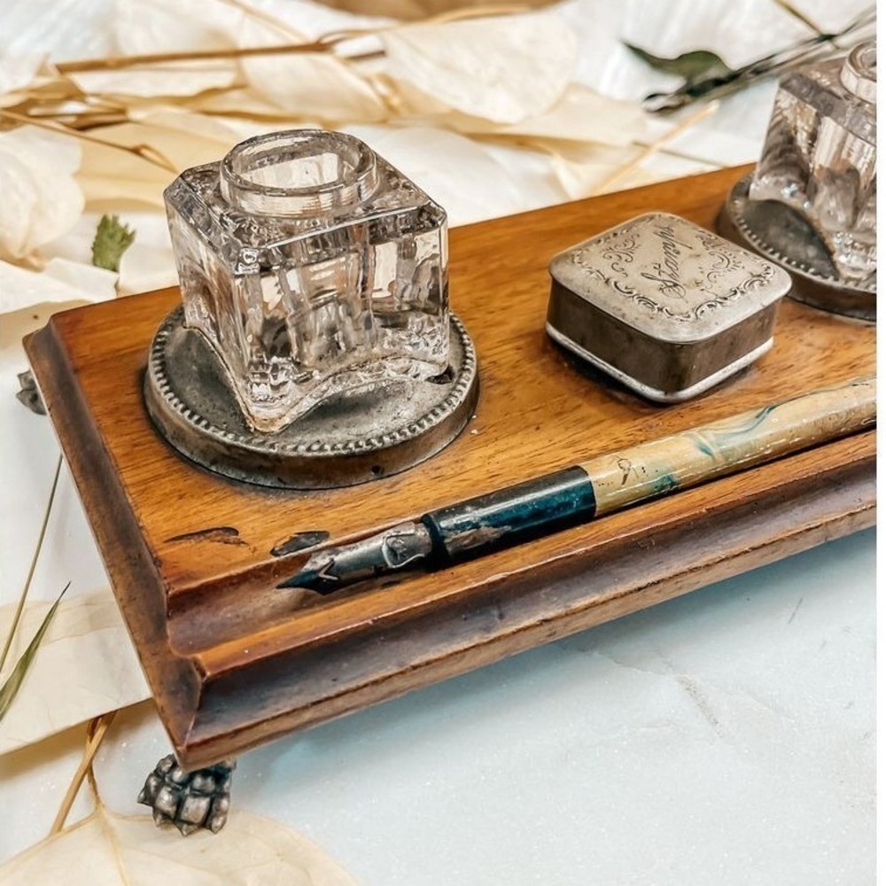 Antique Wooden Double Inkwell - Picture 2 of 5